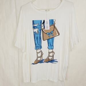 New Love & Lace white denim bling embellished ruffle sleeve tshirt size XL Artsy